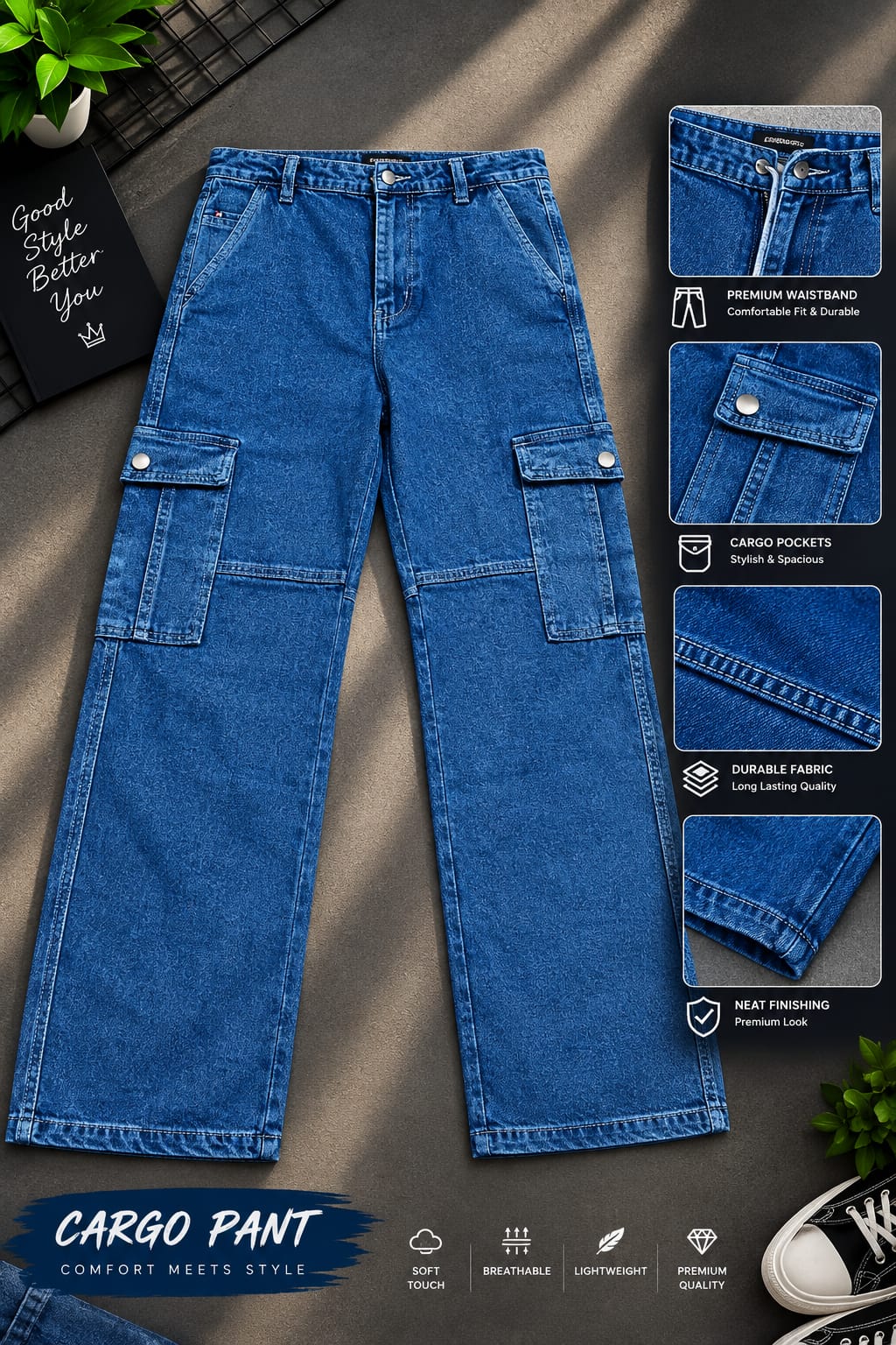 6 Pocket Cargo Denim Baggy Pant