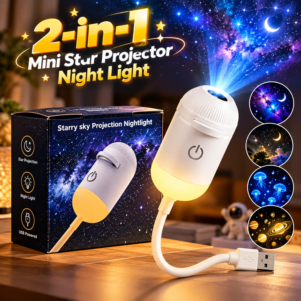 2-in-1 Mini Star Projector Night Light