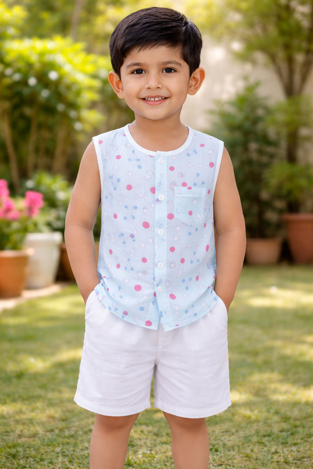 Baby Boys Sleeveless Cotton Shirt & Shorts Set | Kids Summer Dress Polka Dot Shirt with White Shorts | Soft Comfortable Baby Outfit (0-12 Month)_img_2
