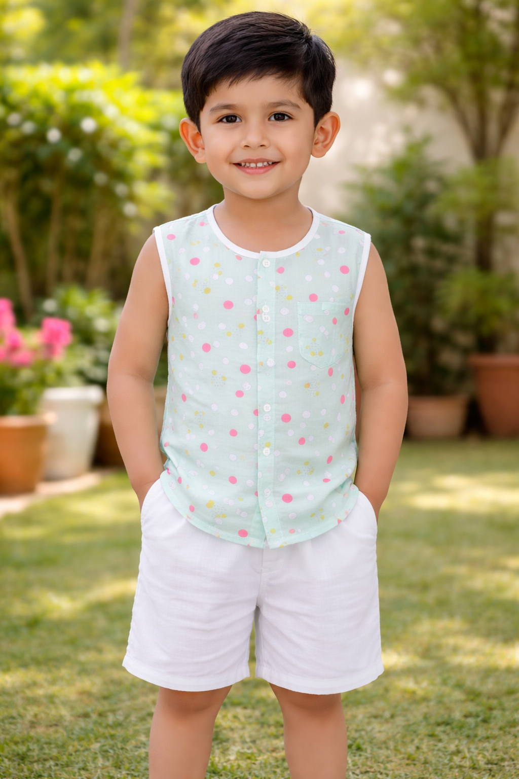 Baby Boys Sleeveless Cotton Shirt & Shorts Set | Kids Summer Dress Polka Dot Shirt with White Shorts | Soft Comfortable Baby Outfit (0-12 Month)_img_1