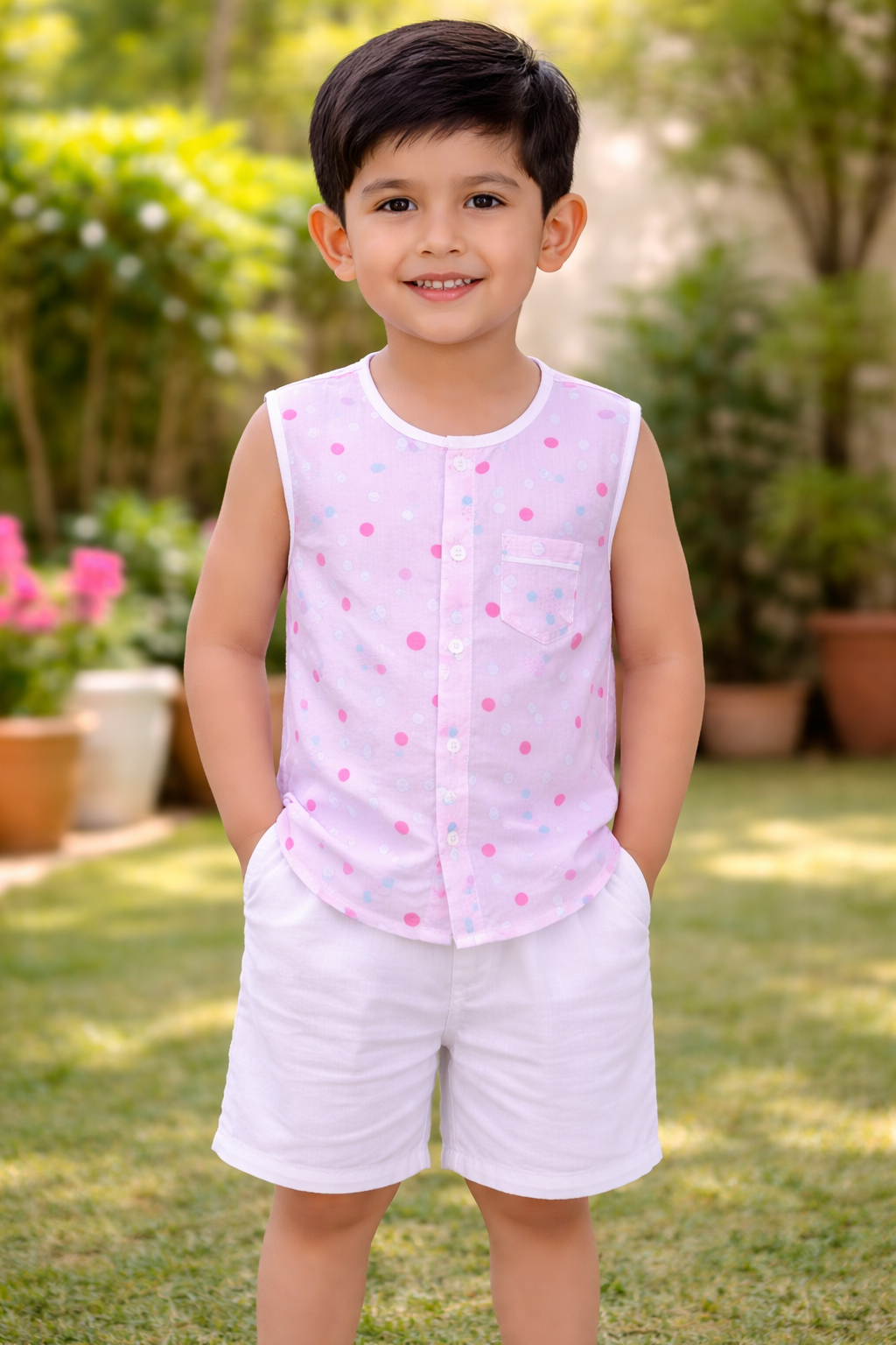 Baby Boys Sleeveless Cotton Shirt & Shorts Set | Kids Summer Dress Polka Dot Shirt with White Shorts | Soft Comfortable Baby Outfit (0-12 Month)