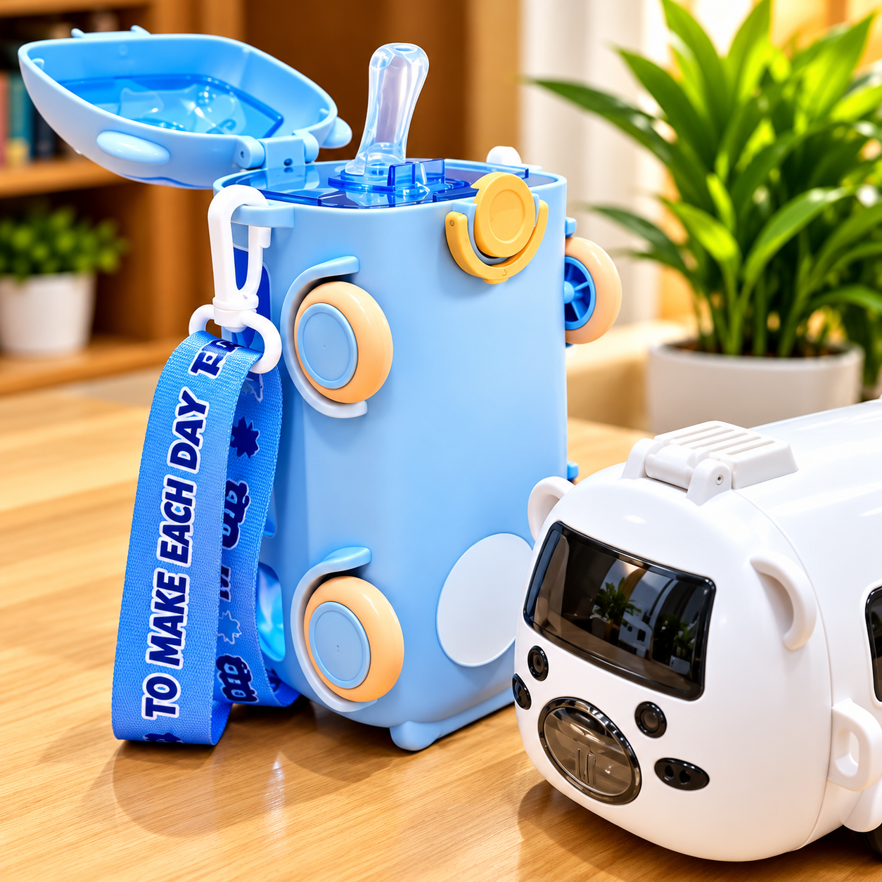 500ML Bus Shape Cute Car Water Bottle with Movable Wheels Strap Drinking Jug