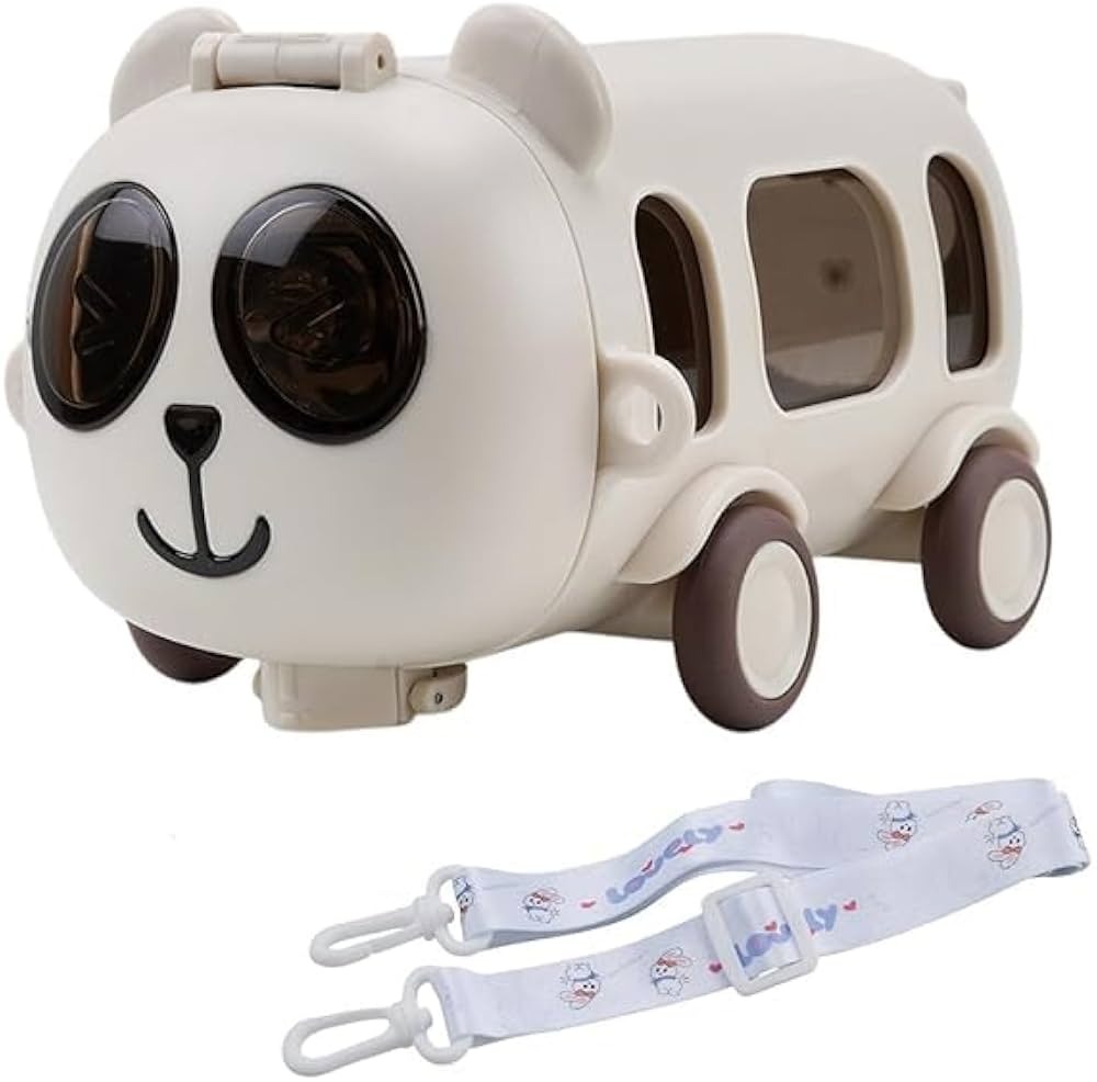 (panda) 500ML Bus Shape Cute Car Water Bottle with Movable Wheels Strap Drinking Jug