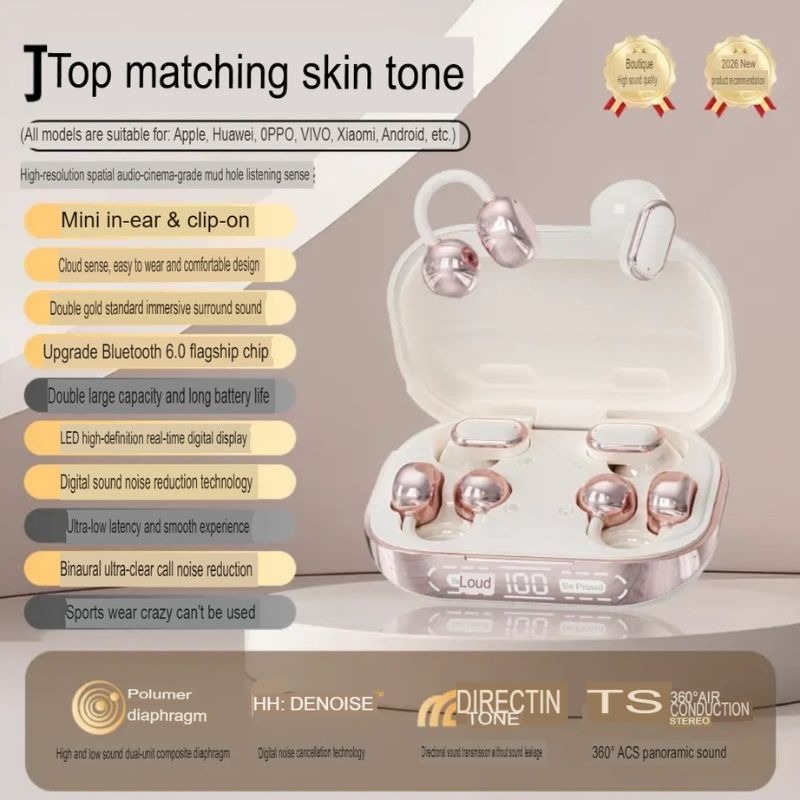 4 Earbuds Clip-On Wireless Bluetooth Earbuds with Digital Display Charging Case, Sports, Sleep & Ultra-Long Battery Life_img_4