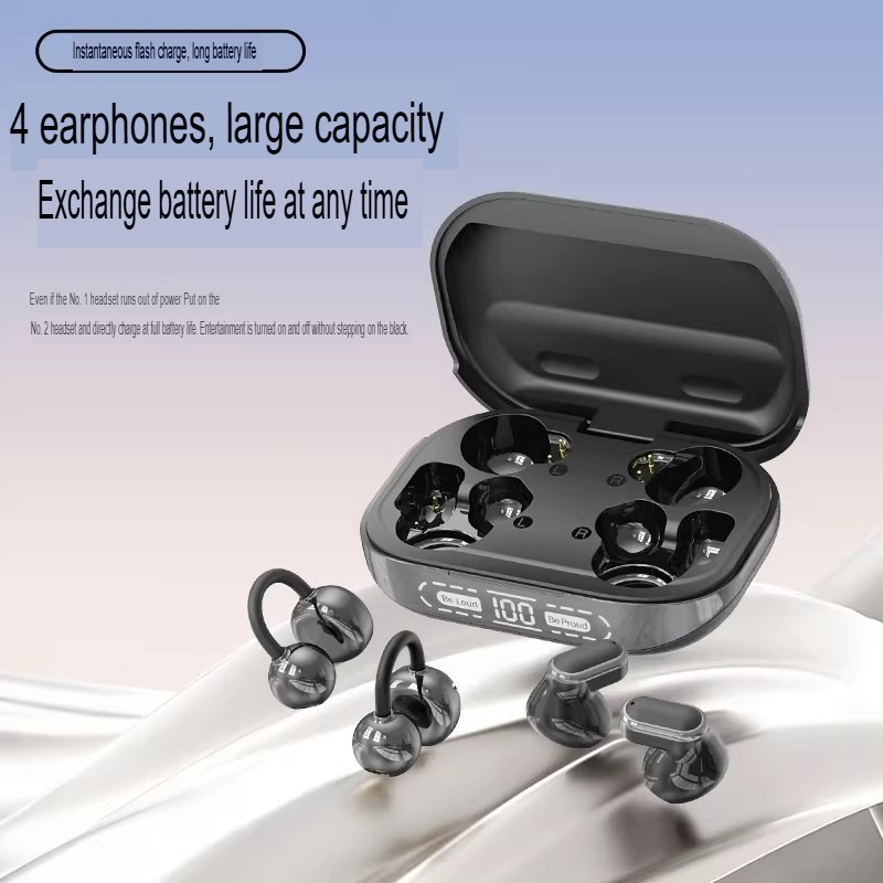 4 Earbuds Clip-On Wireless Bluetooth Earbuds with Digital Display Charging Case, Sports, Sleep & Ultra-Long Battery Life