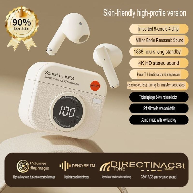 Q86 Wireless Bluetooth Earbuds with Retro Camera Charging Case, Large Digital LED Display, Hi-Fi Stereo Sound & Super Long Battery Life_img_1