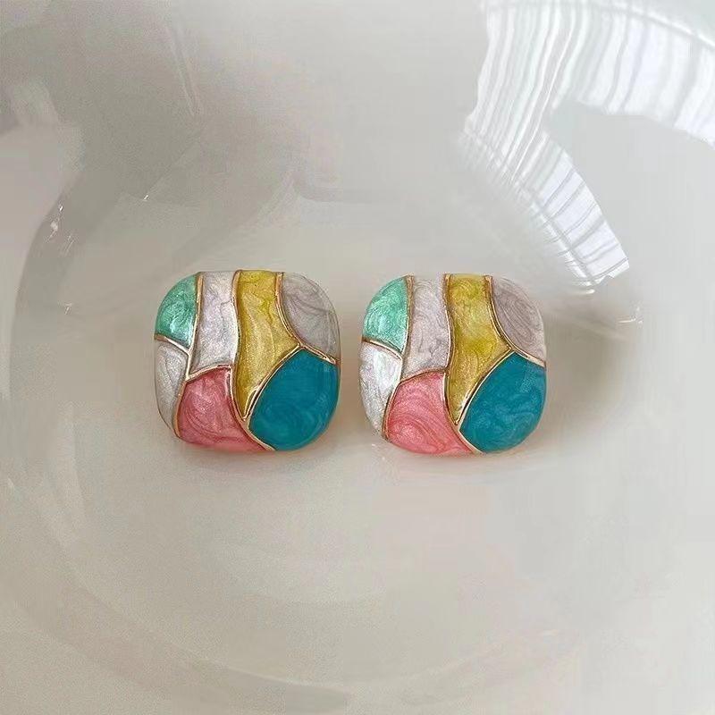Enamel Colorful Geometric Square Stud Western Style Earrings for Women_img_1