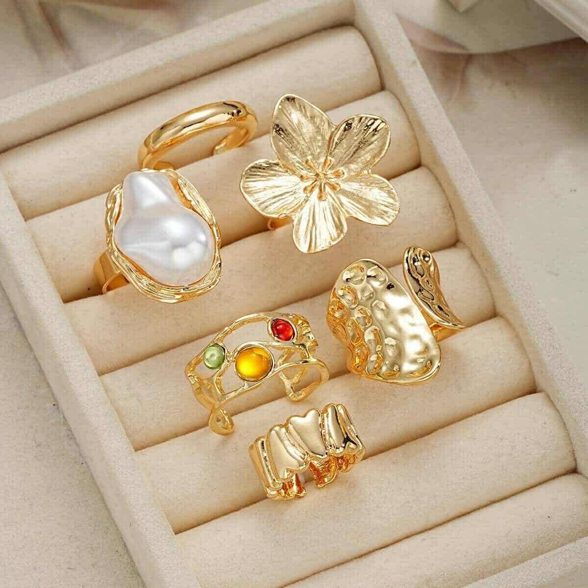 Pearl Vintage Baroque Flower Open Ring Set – 6Pcs