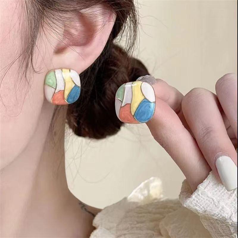 Enamel Colorful Geometric Square Stud Western Style Earrings for Women_img_2