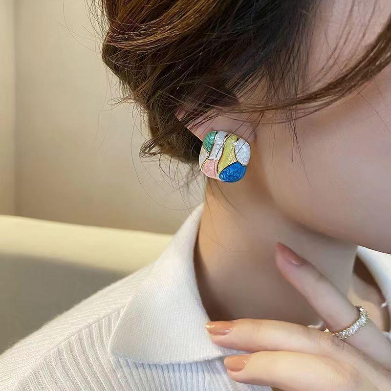 Enamel Colorful Geometric Square Stud Western Style Earrings for Women