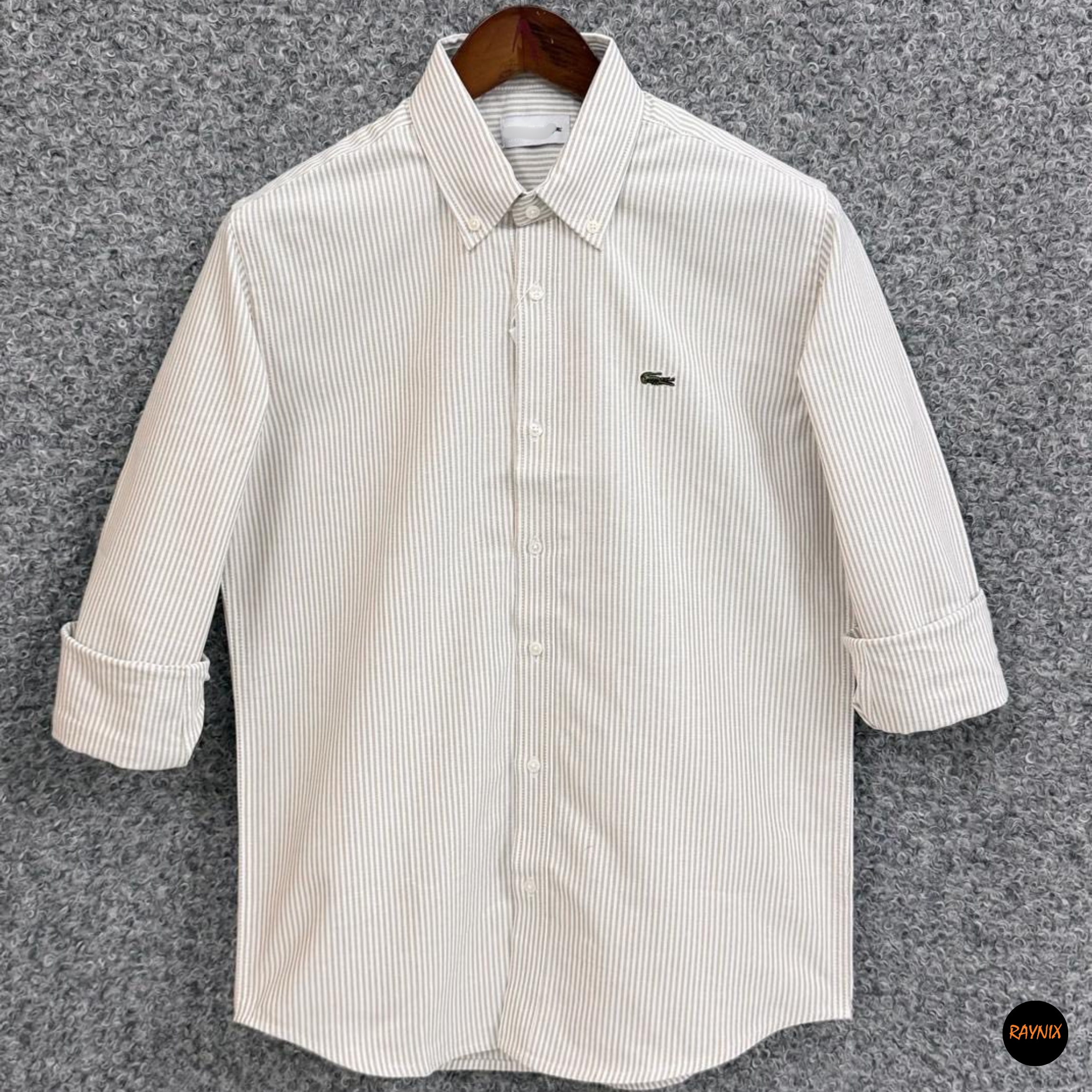 Lacoste Regular Fit Beige Striped Oxford Shirt