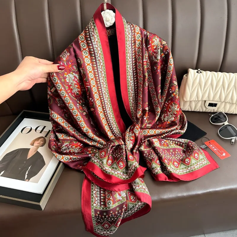 Burgundy Ethnic Print Silk-Satin Long Scarf