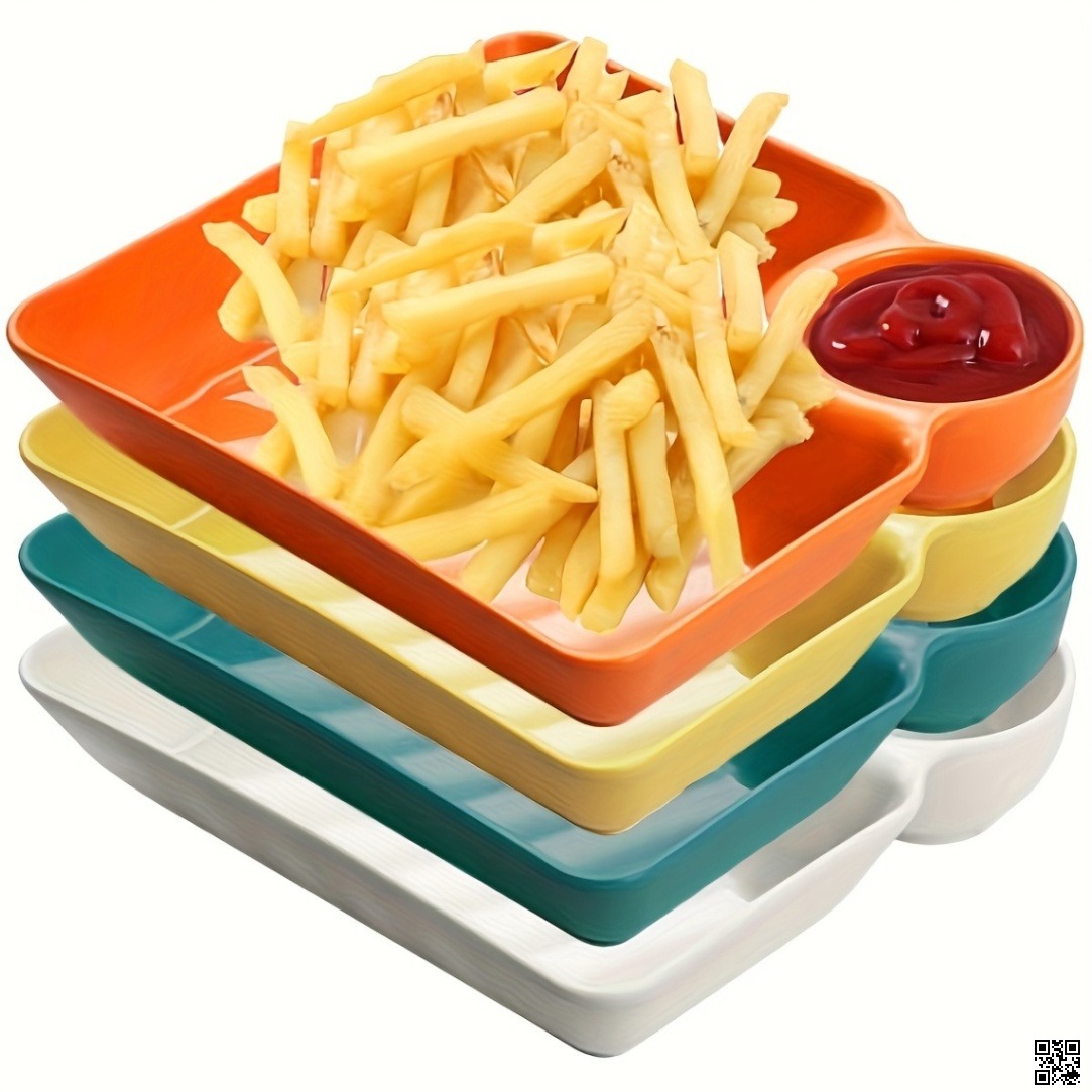 4 Pcs Dumpling Serving Plate with Sauce Compartments – Multipurpose Snack & Appetizer Plate Set