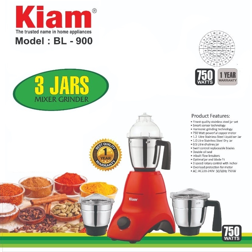 Kiam BL 900 Mixer Grinder – 750W Multi-Function Kitchen Grinder with Stainless Steel Jars
