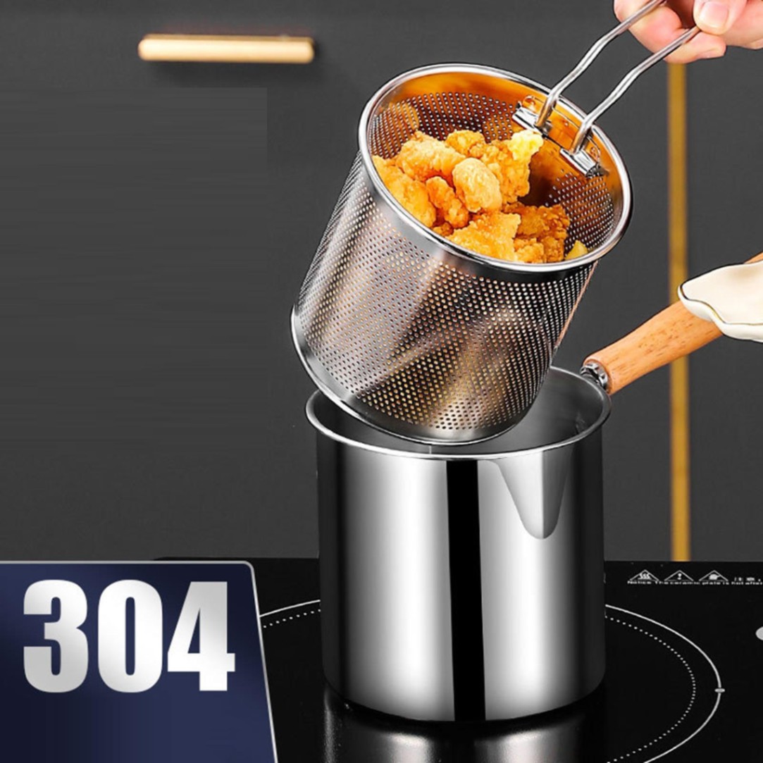 Stainless Steel Deep Fryer Pot with Strainer Basket – Small Frying Pan for Home Cooking