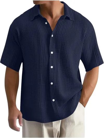 Temu2025 New Cross-Border Large Size Shirt Embroidered Men's Loose Cotton Short-Sleeved Lapel Shirt_img_0