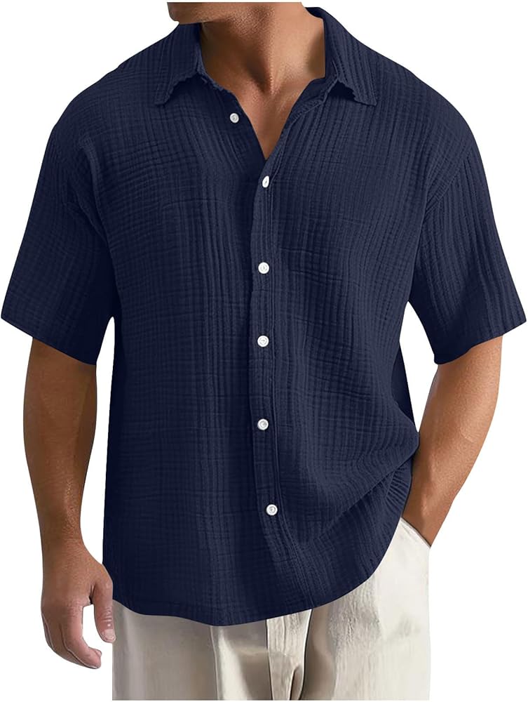 Temu2025 New Cross-Border Large Size Shirt Embroidered Men's Loose Cotton Short-Sleeved Lapel Shirt