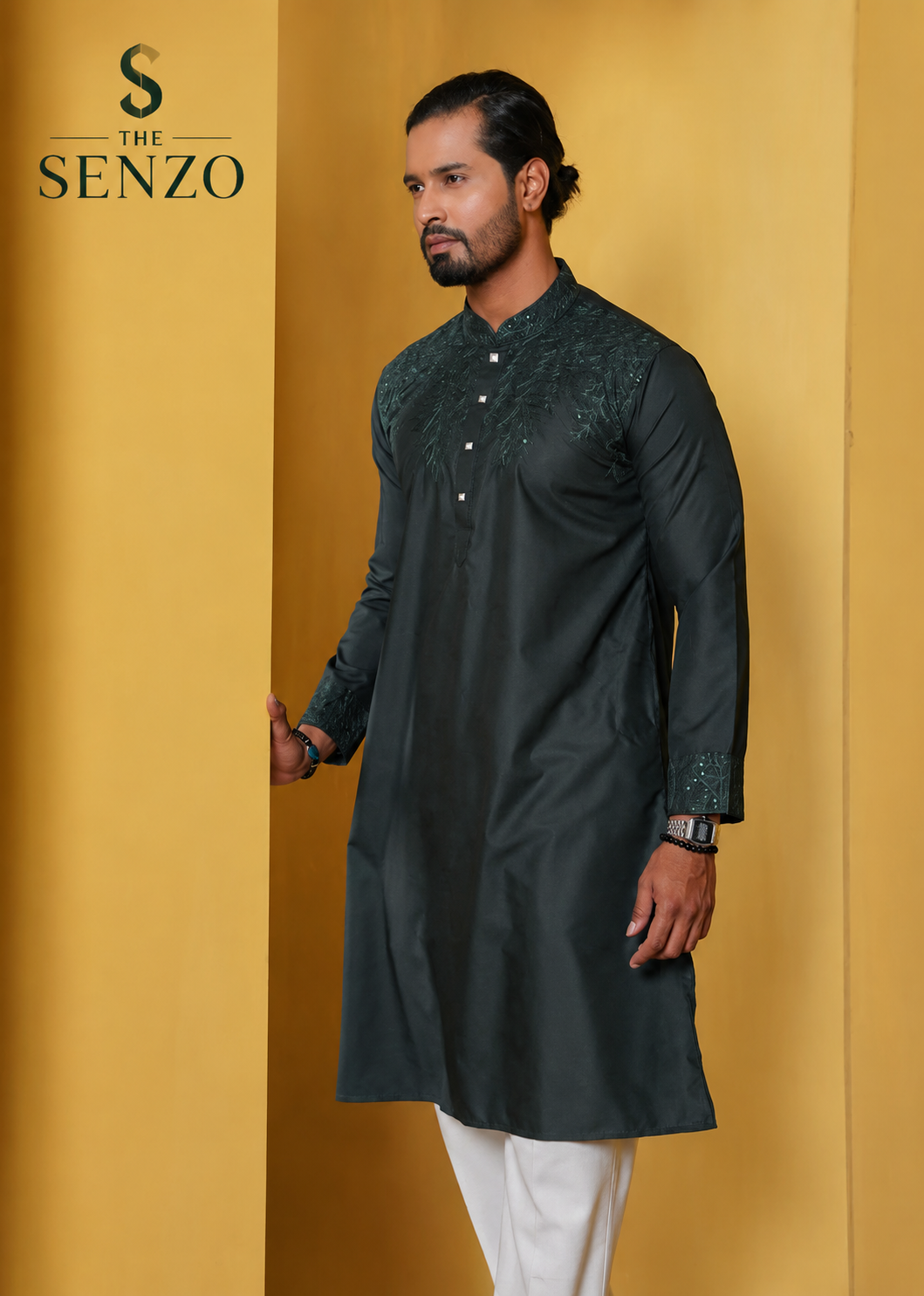 Premium Dark Green Embroidered Punjabi | THE SENZO