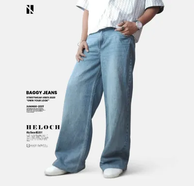 Vintage Light Blue Baggy Jeans for Men Premium Cotton Denim | Trendy Loose Fit_img_1