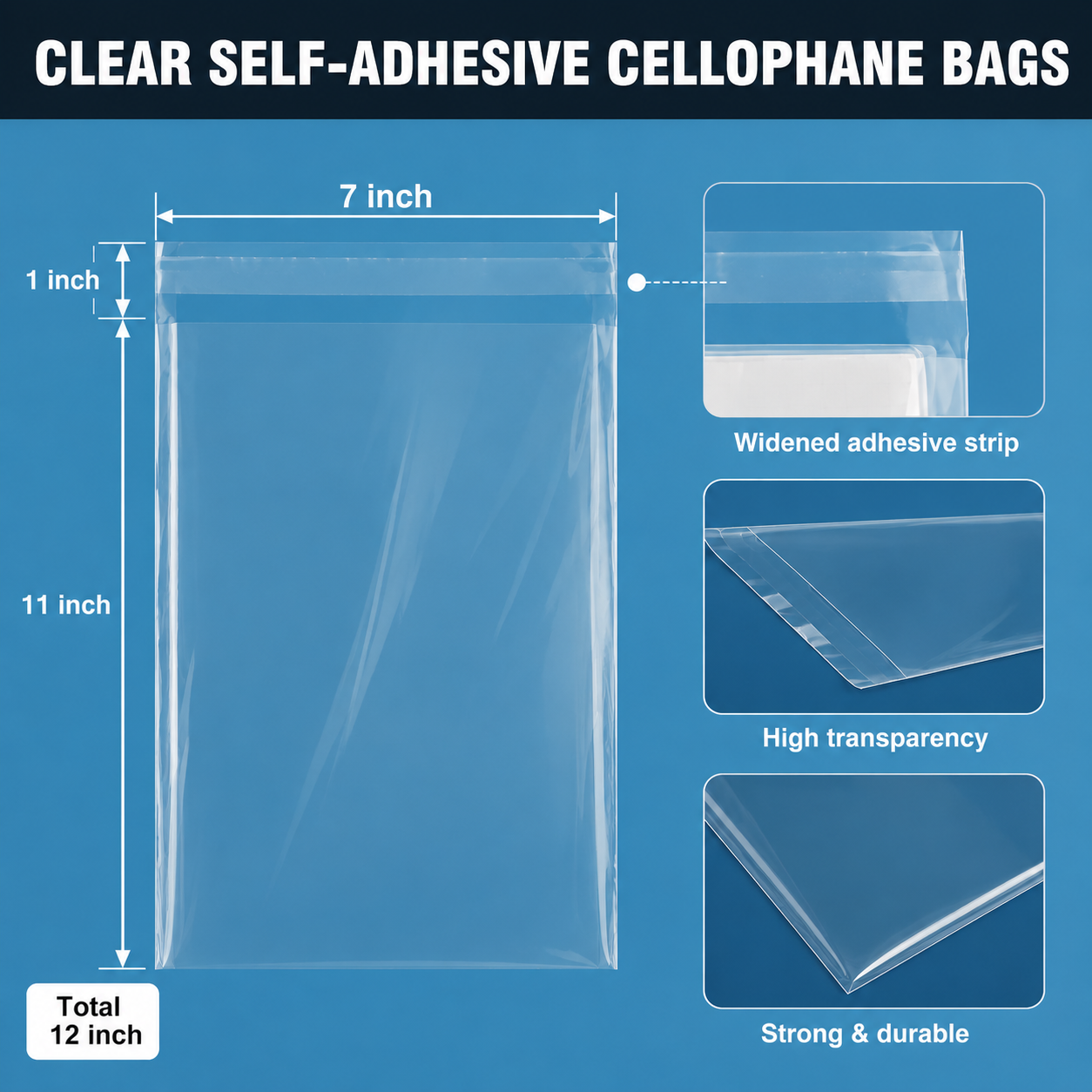Crystal Cellophane poly adhesive poly size 7x12 inch Crystal poly Bundle of 100 pcs