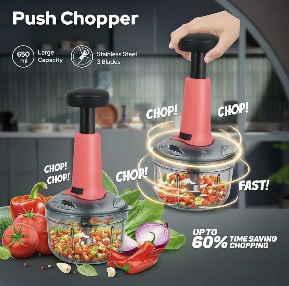 Manual Push Chopper 700ml for Vegetable & Fruit Cutting, Strong ABS Material for Long Duration_img_1