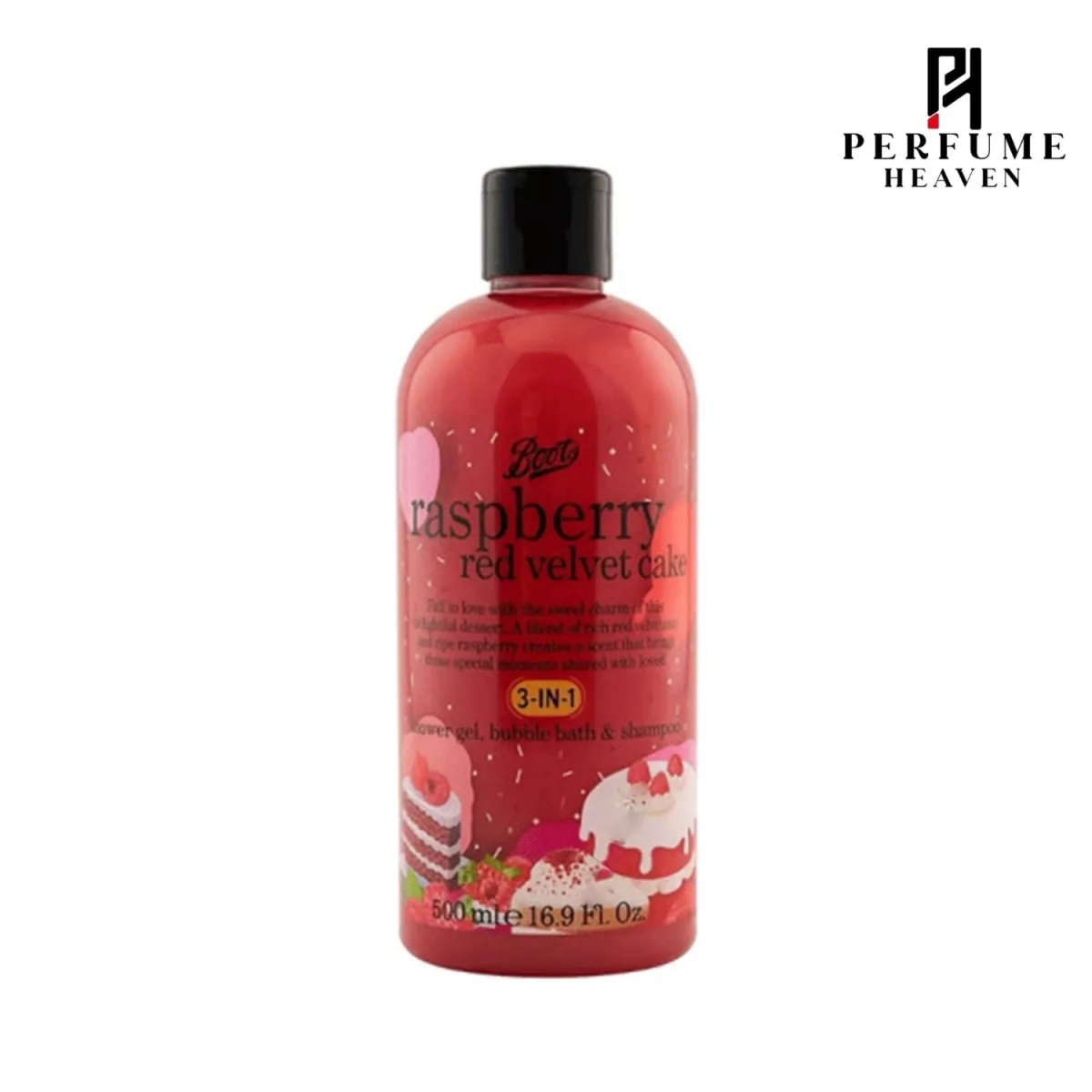 Boots Raspberry Red Velvet Cake 3-in-1 Shower Gel, Bubble Bath & Shampoo 500ml