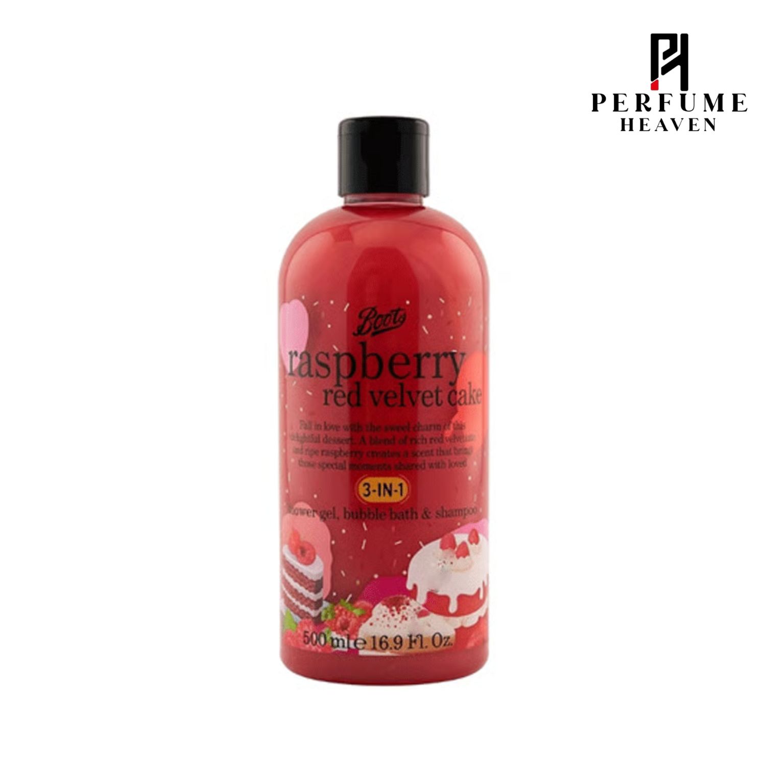 Boots Raspberry Red Velvet Cake 3-in-1 Shower Gel, Bubble Bath & Shampoo 500ml