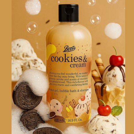 Boots Cookies & Cream Shower Gel, Bubble Bath & Shampoo 500ml_img_1