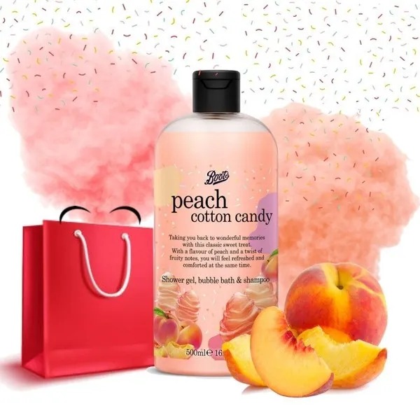 Boots Peach Cotton Candy Shower Gel, Bubble Bath & Shampoo 500ml_img_1