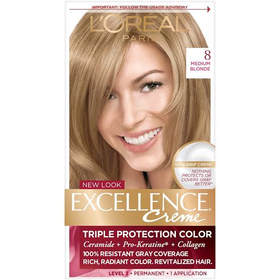 L'Oreal Paris Excellence Crème Permanent Hair Dye, Triple Care Hair Color with Hyaluronic Acid for 100% Gray Coverage, 8 Medium Blonde_img_1