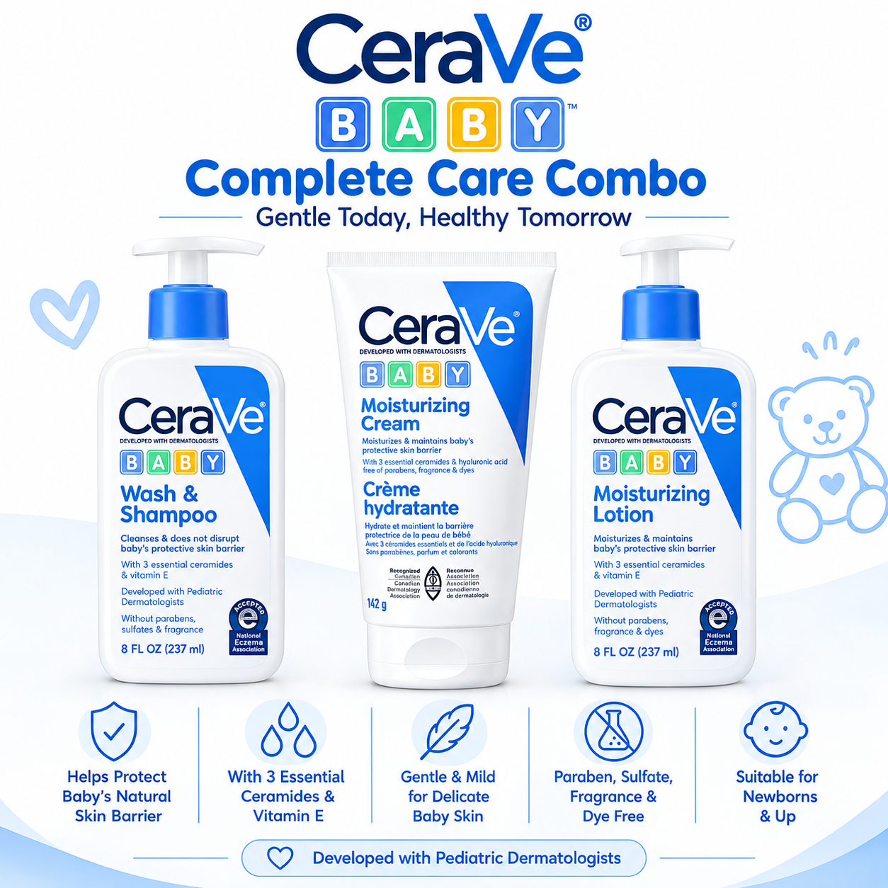 CeraVe Baby Skincare Combo Wash, Cream & Lotion