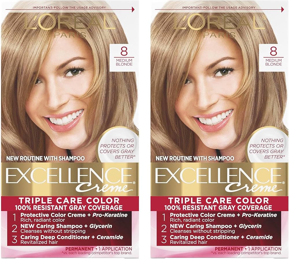 L'Oreal Paris Excellence Crème Permanent Hair Dye, Triple Care Hair Color with Hyaluronic Acid for 100% Gray Coverage, 8 Medium Blonde_img_0