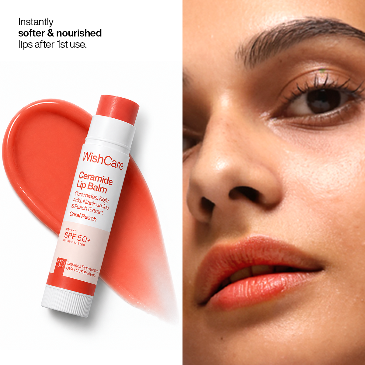 WishCare Coral Peach Ceramide Lip Balm SPF 50 PA++++ with Kojic Acid & Niacinamide 5g