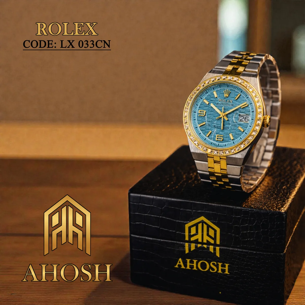 ROLEX Diamond Watch Plate New Design Business Style Unisex Timepiece, Blue Gold color