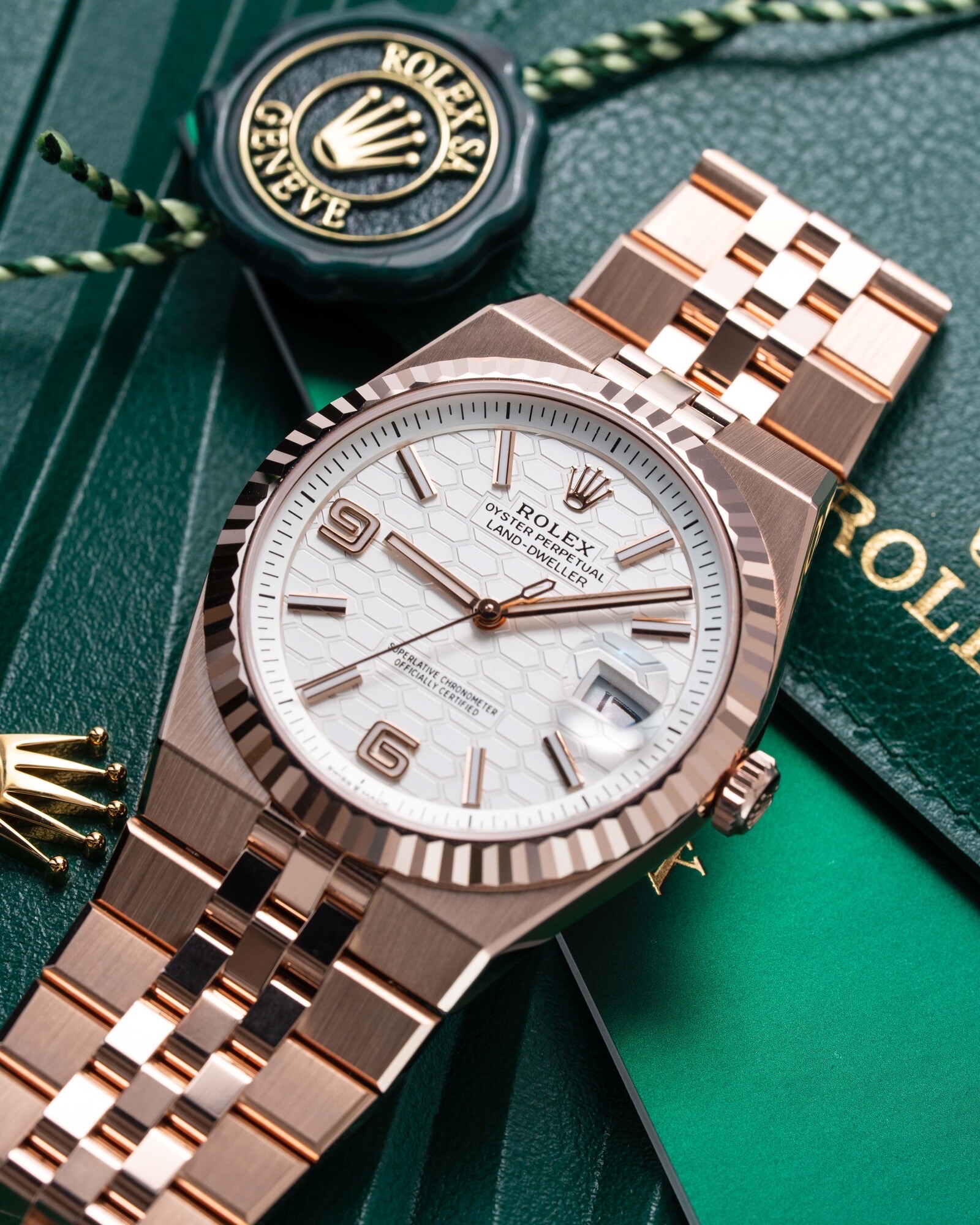 Rolex Land-Dweller Real Gold 18K Everose 2026: 40mm Ref: 127335 New White Honeycomb Dial, 18K RG Fluted Bezel Flat Jubliee Fully Linked, Movement 7135 Swiss (original custom), Weight, Thickness- Same as Original thumbnail 15