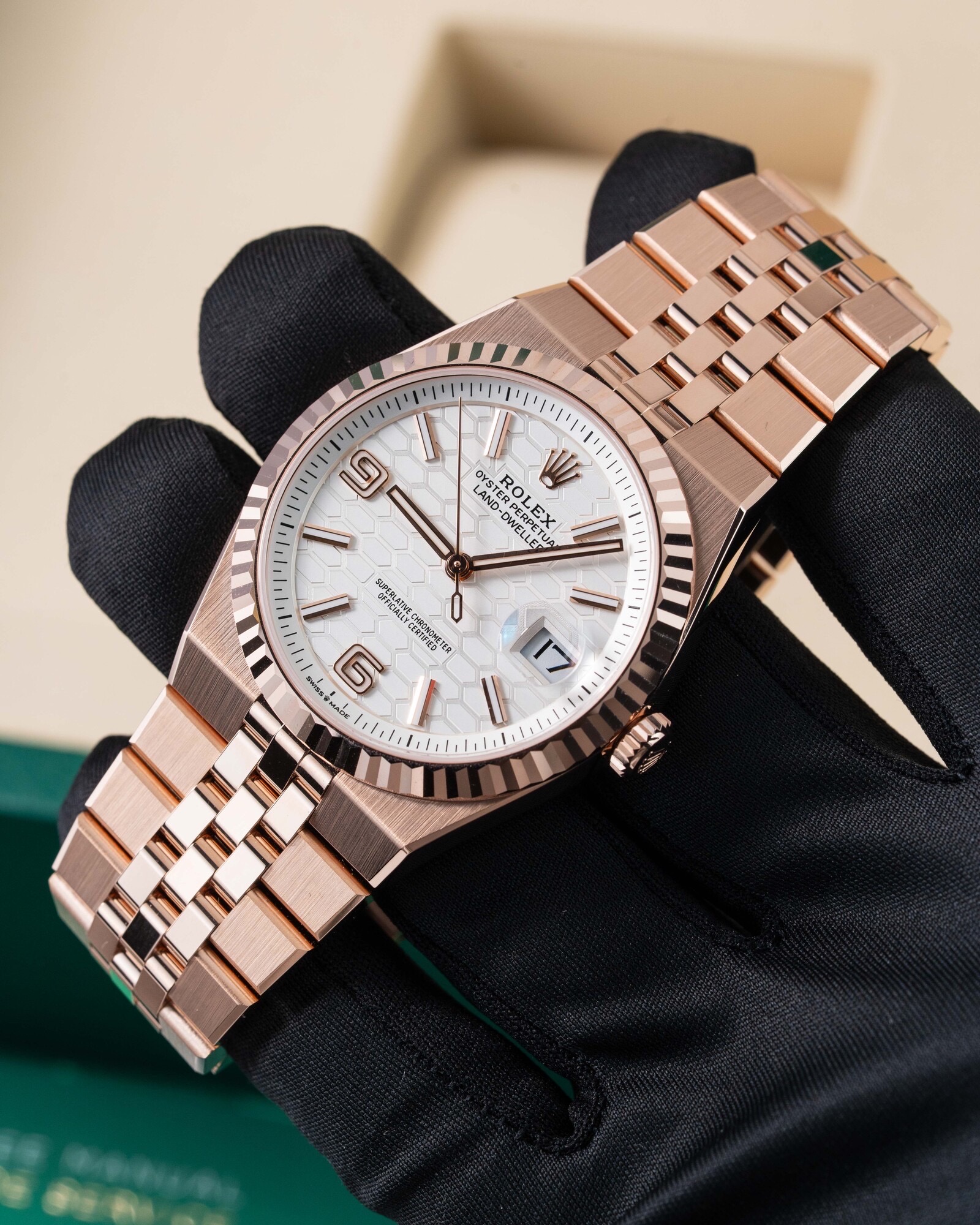 Rolex Land-Dweller Real Gold 18K Everose 2026: 40mm Ref: 127335 New White Honeycomb Dial, 18K RG Fluted Bezel Flat Jubliee Fully Linked, Movement 7135 Swiss (original custom), Weight, Thickness- Same as Original thumbnail 6