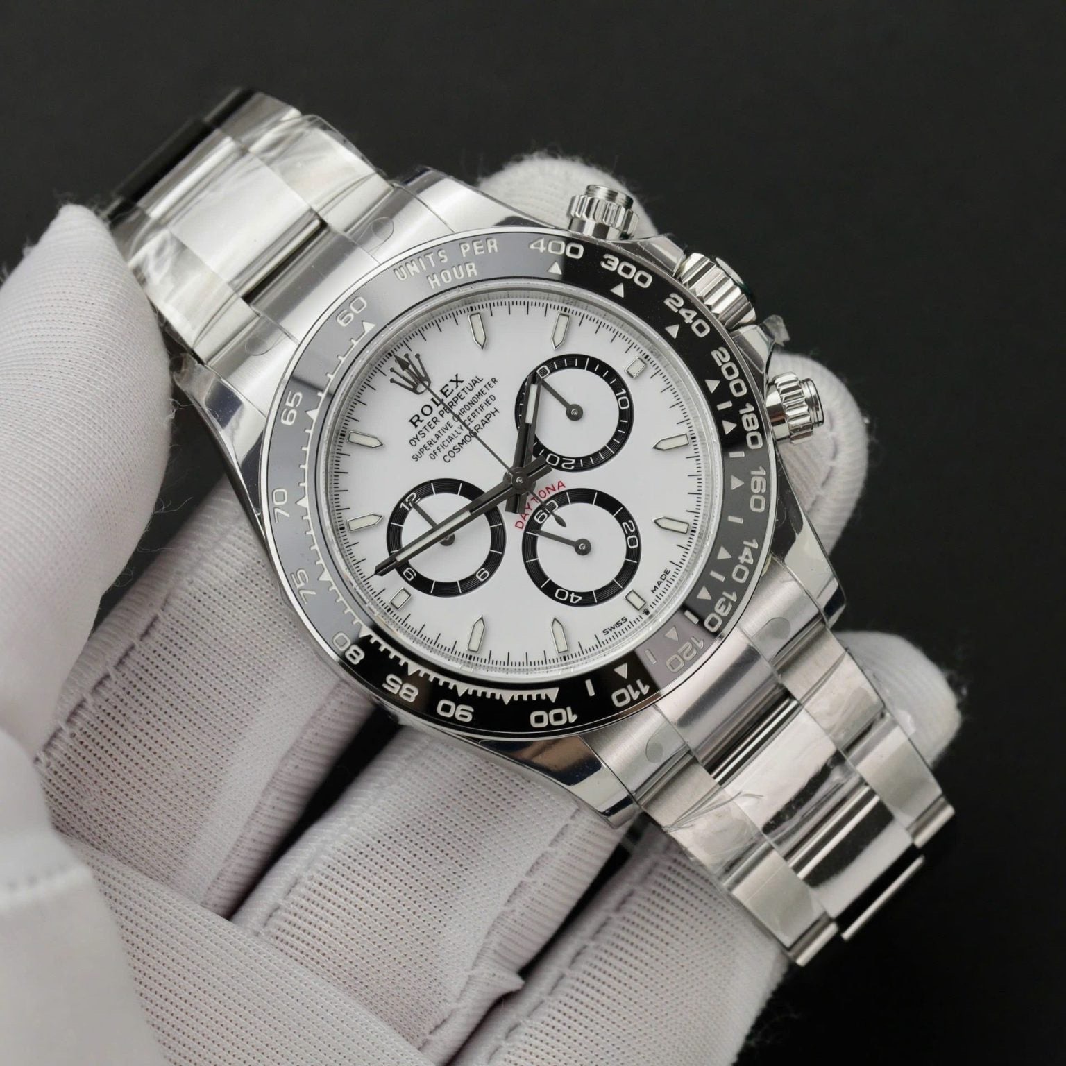 Rolex Cosmograph Daytona (Panda) Oyster, 40 mm, Oystersteel 904L Ref: 126500LN White Dial, 40.0 mm, Chronograph movement 4131 Swiss (custom), Weight, Thickness - Same as Original