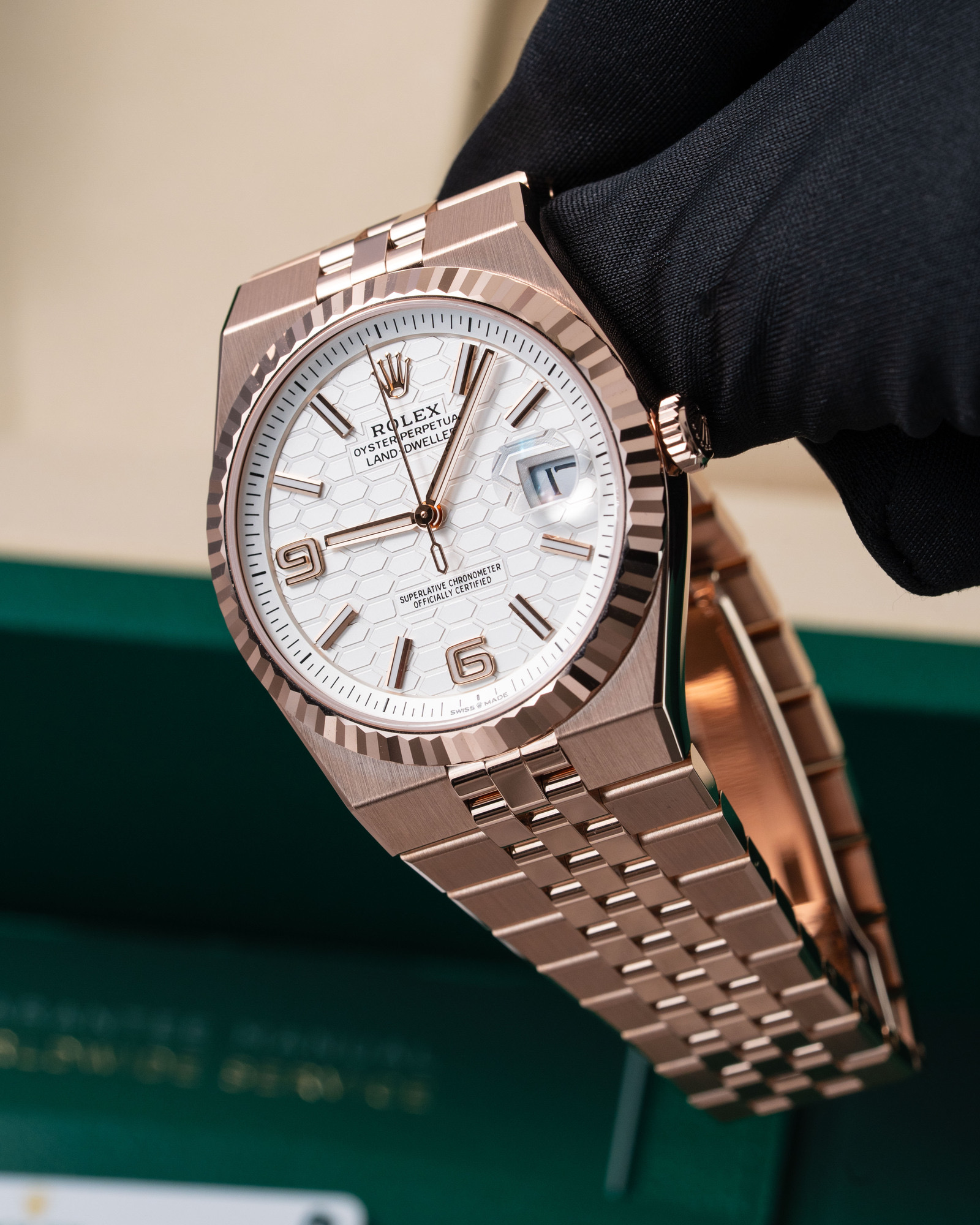 Rolex Land-Dweller Real 18K Everose Gold 2026: 40mm Ref: 127335 New White Honeycomb Dial, 18K RG Fluted Bezel Flat Jubliee Fully Linked, Movement 7135 Swiss (original custom), Weight, Thickness- Same as Original
