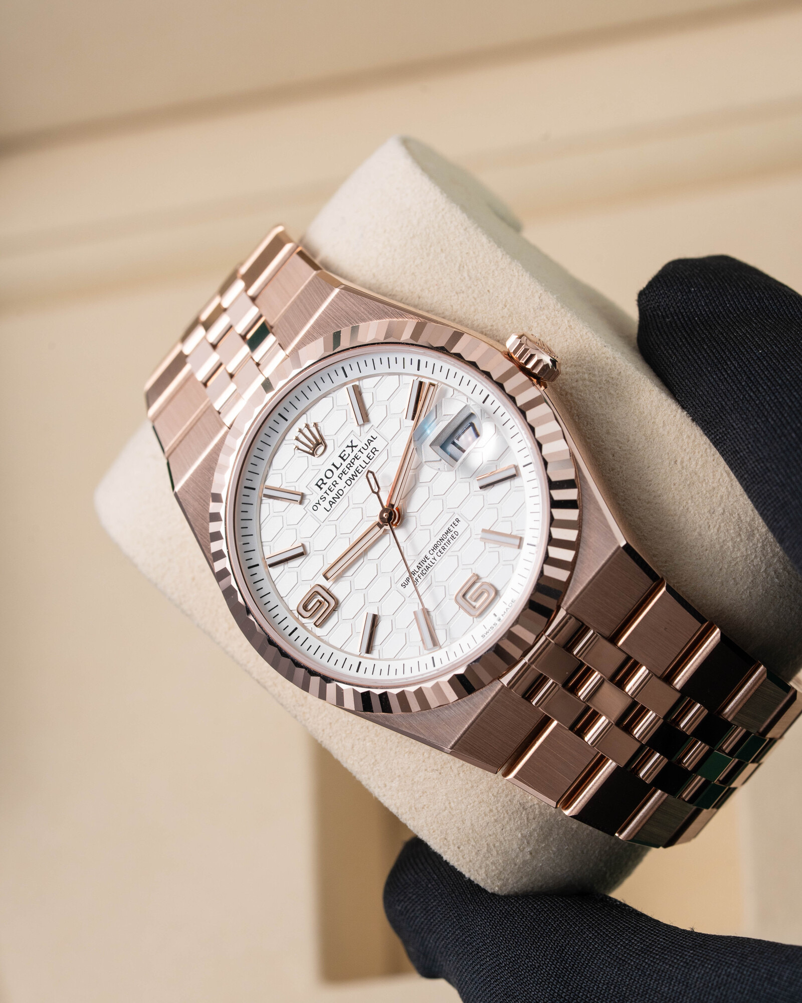 Rolex Land-Dweller Real 18K Everose Gold 2026: 40mm Ref: 127335 New White Honeycomb Dial, 18K RG Fluted Bezel Flat Jubliee Fully Linked, Movement 7135 Swiss (original custom), Weight, Thickness- Same as Original