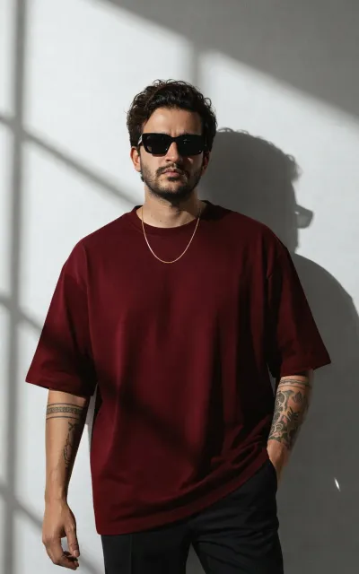 Burgundy - Solid Oversized Drop Shoulder T-shirt_img_0