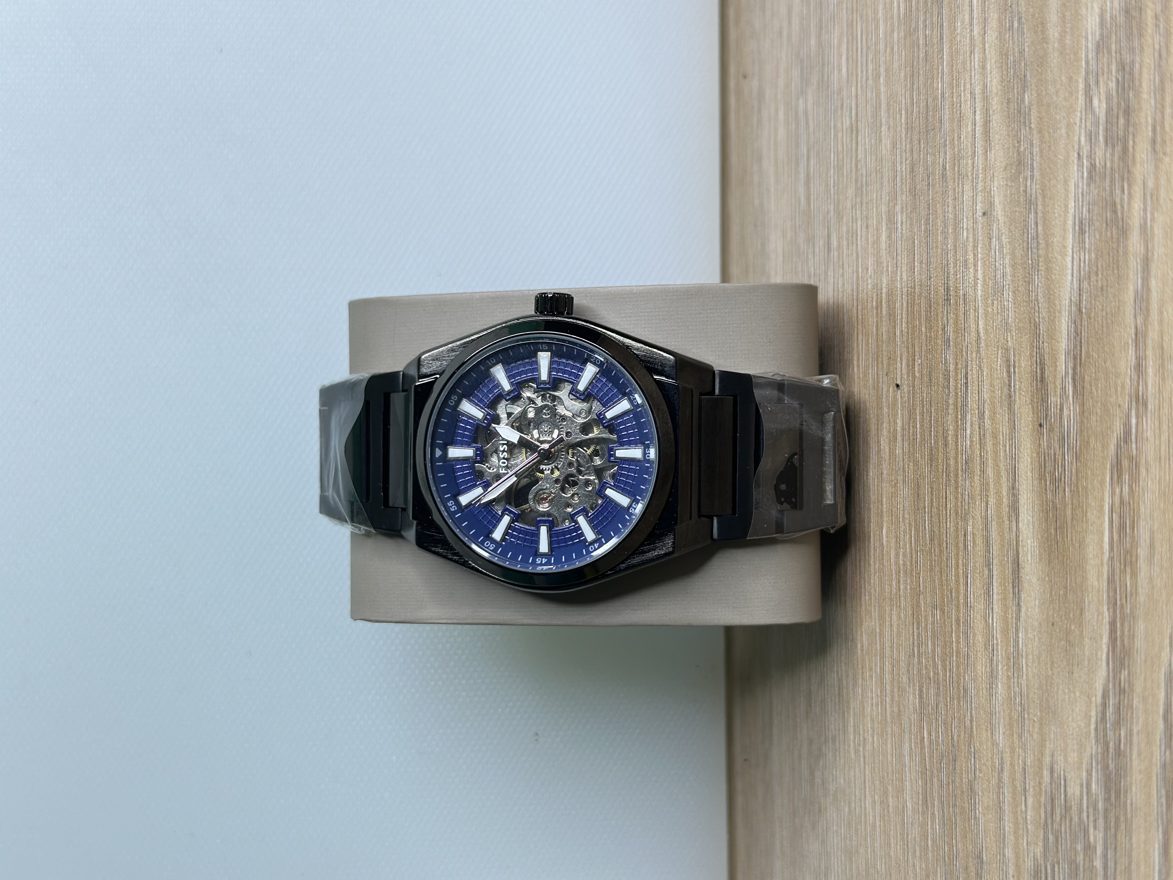 Fossil Everett ME3220 Automatic Skeleton Exposed Black Chain - Blue Dial
