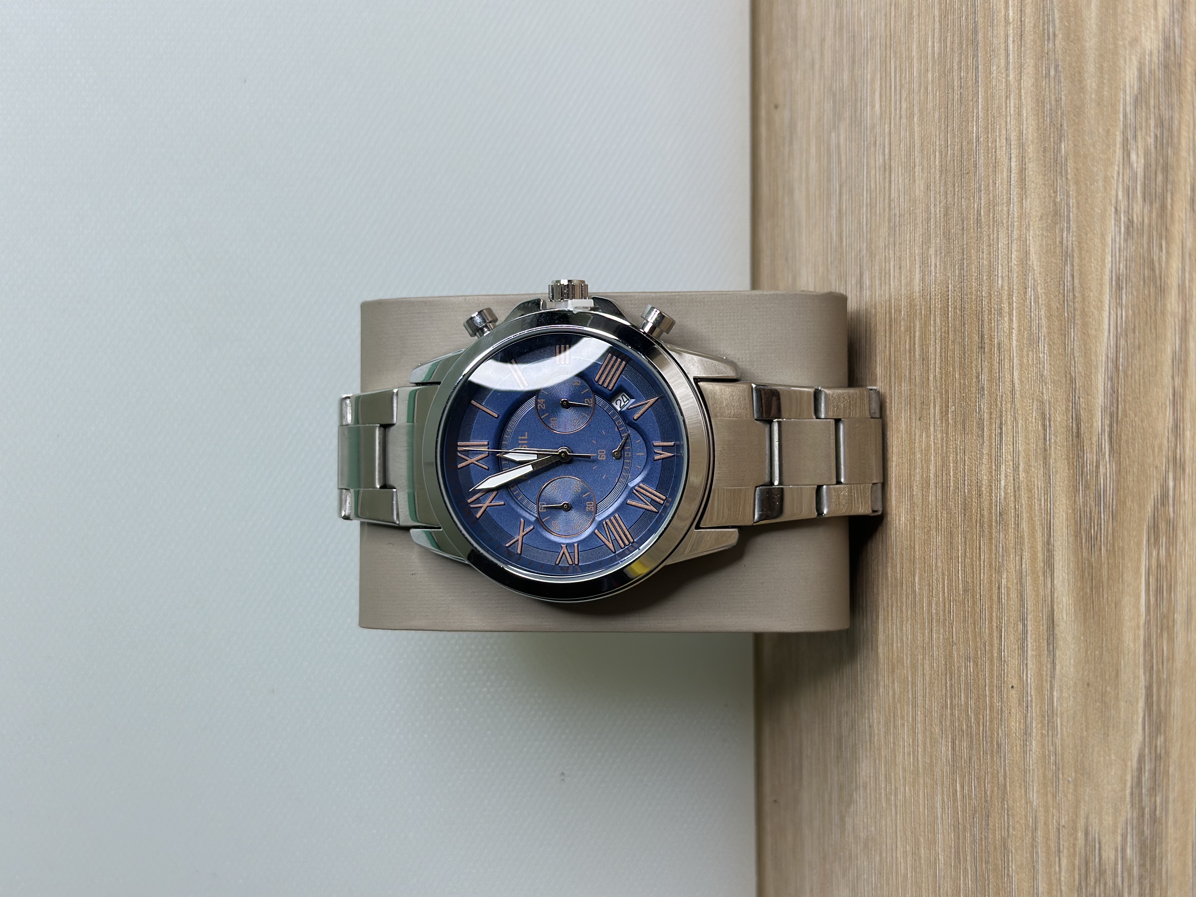 Fossil Grant Chronograph Silver Chain - Blue Dial, Rose Gold Indices