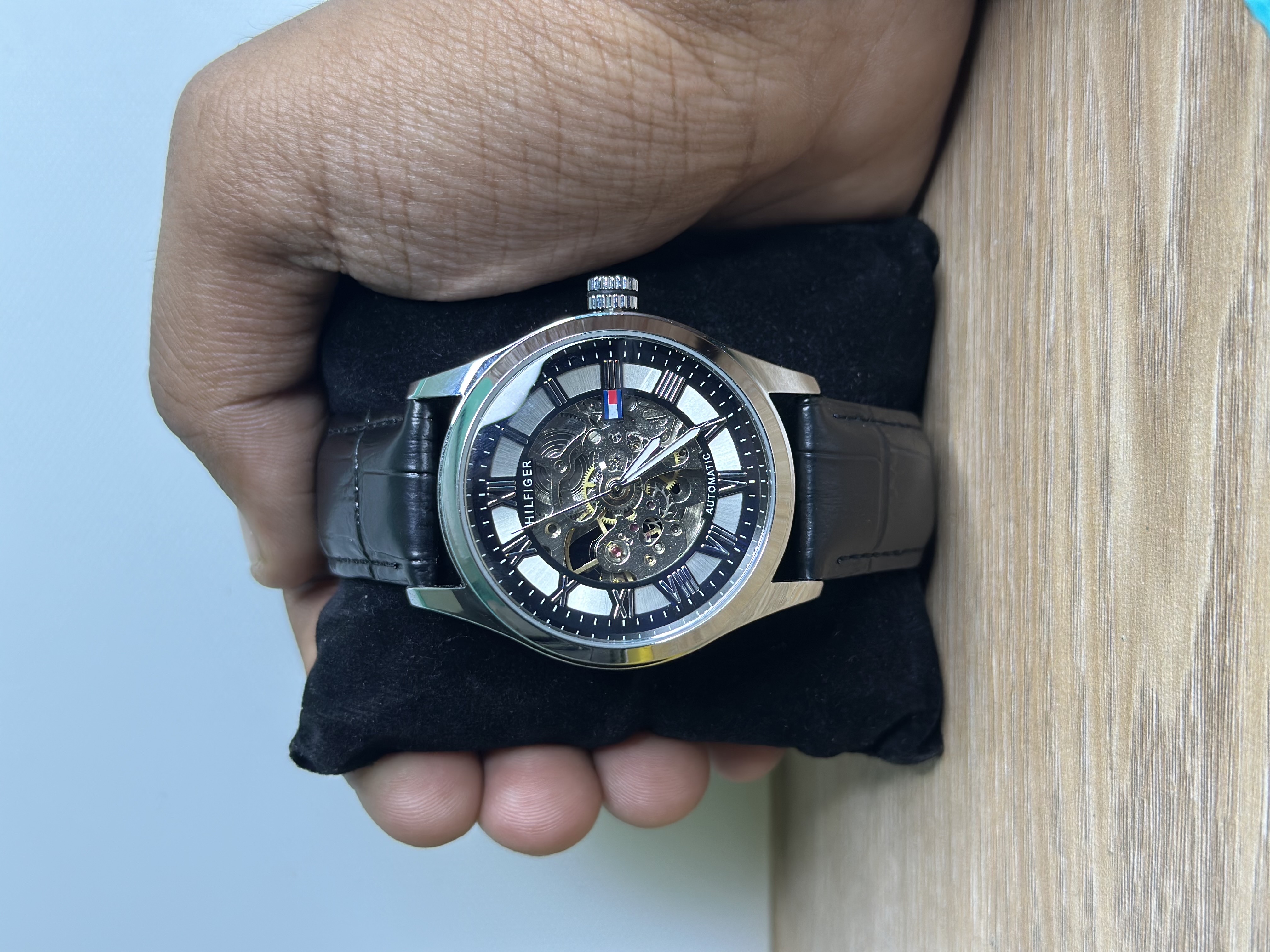 Tommy Hilfiger Automatic Skeleton Exposed Black Leather - White Dial