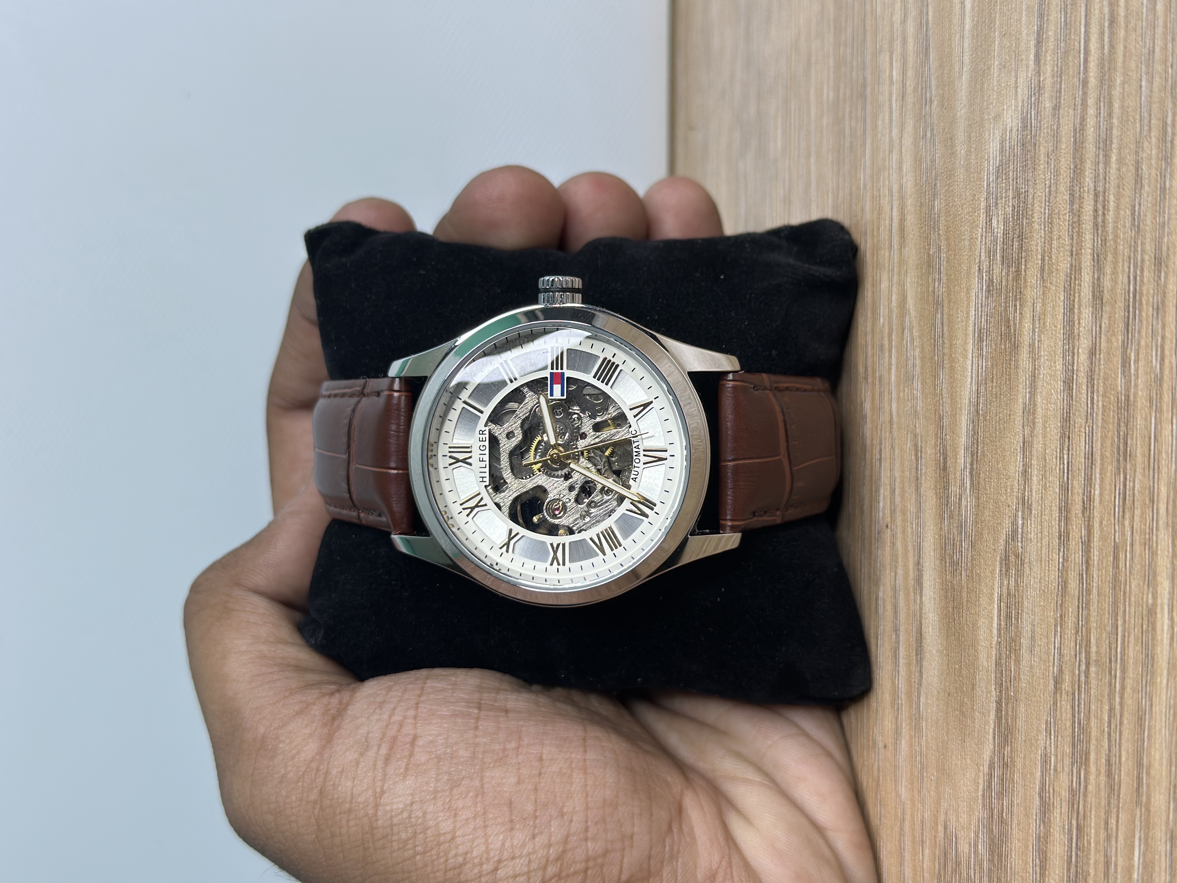 Tommy Hilfiger Skeleton Exposed Automatic Brown Leather - White Dial_img_0