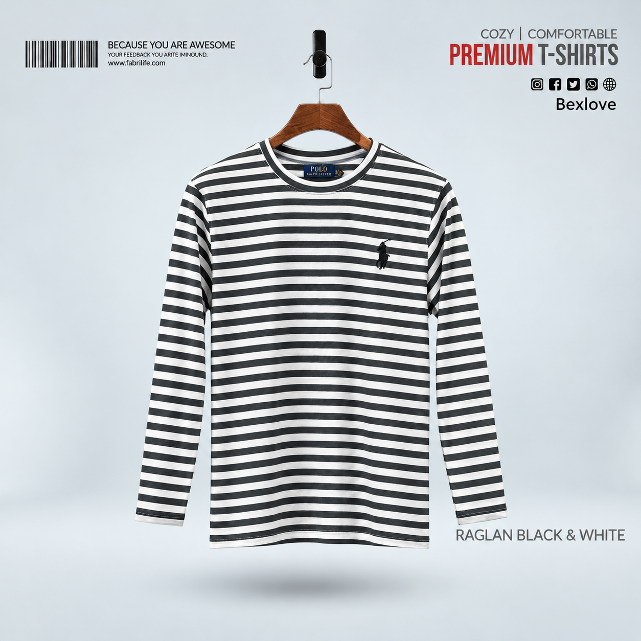 Bexlove Men's Premium Full Sleeve Striped T-Shirt - Black & White