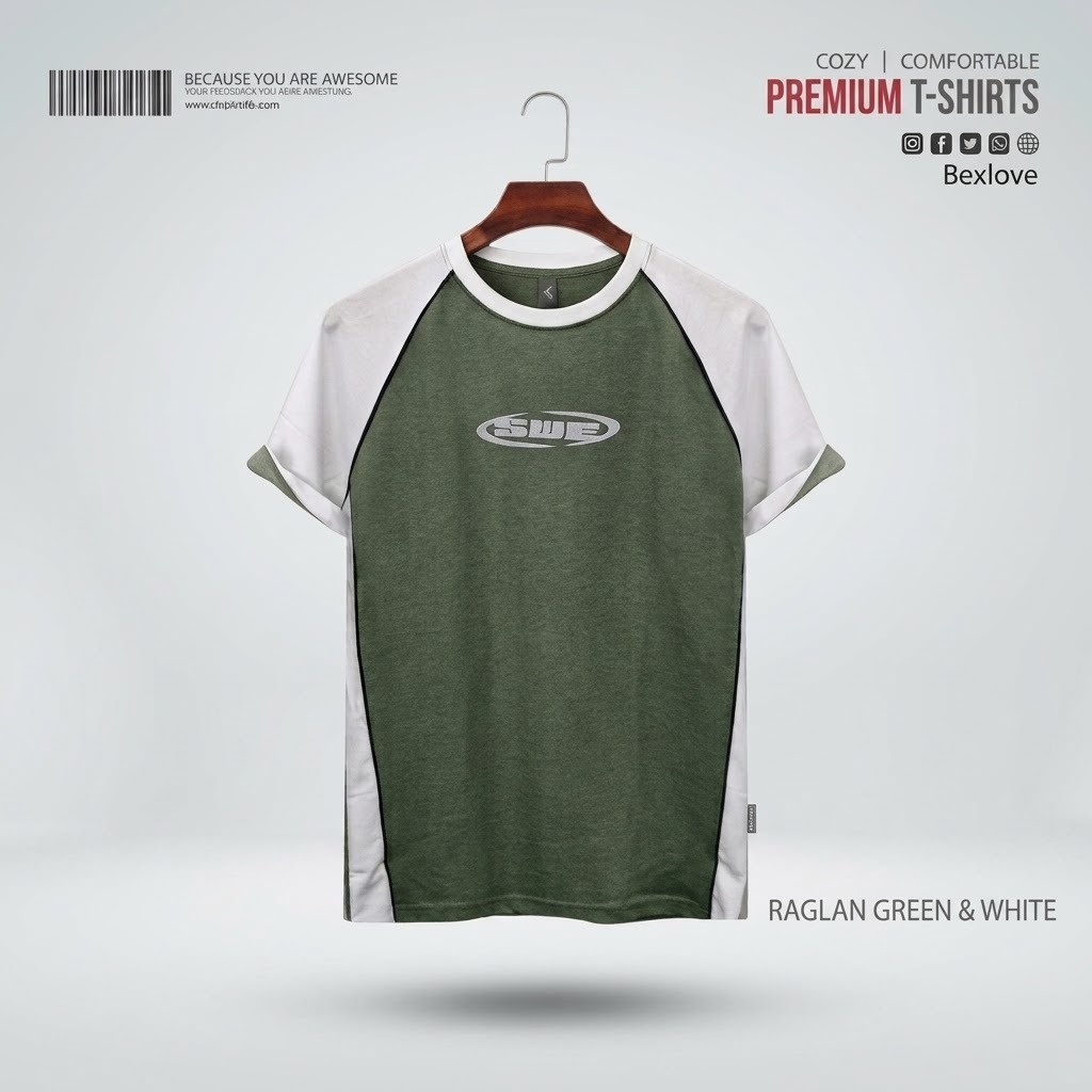 Premium Raglan Cotton T-Shirt - Green & White