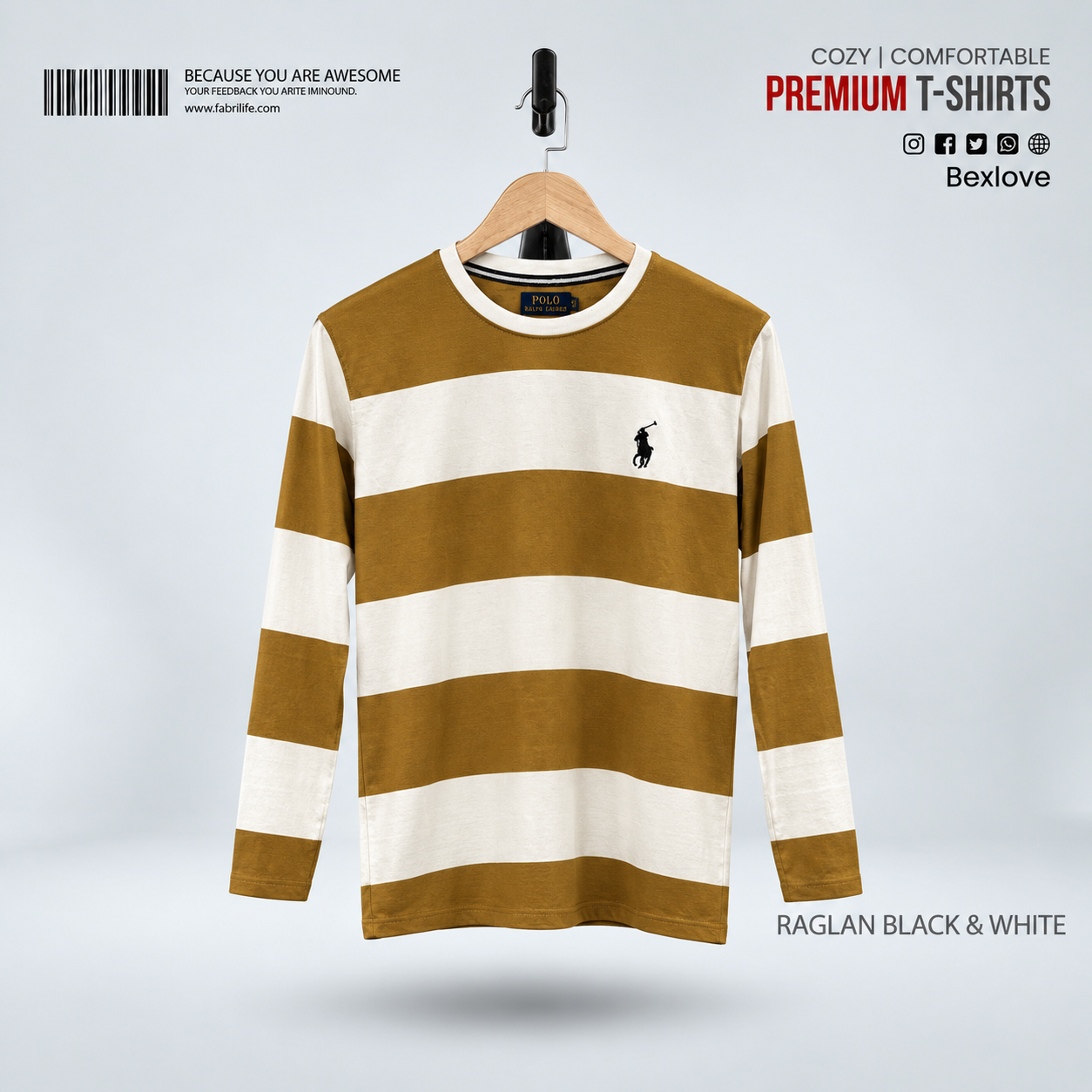 Bexlove Men's Premium Full Sleeve Striped T-Shirt - Mustard & White