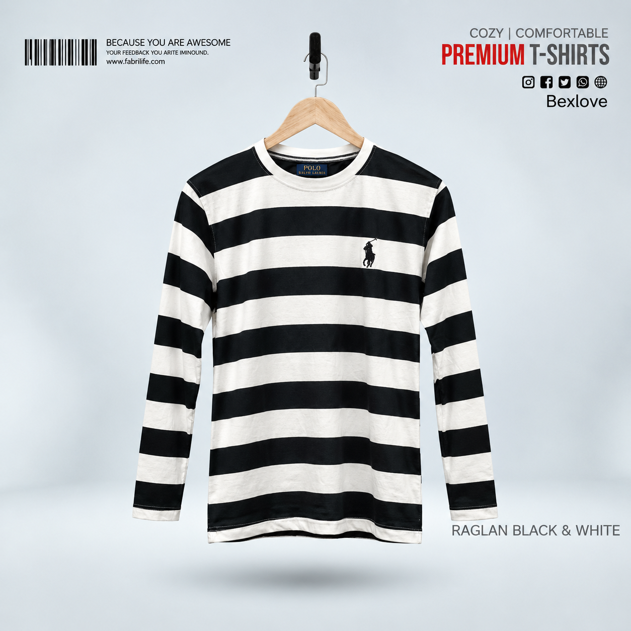 Bexlove Men's Premium Full Sleeve Striped T-Shirt - Black & White