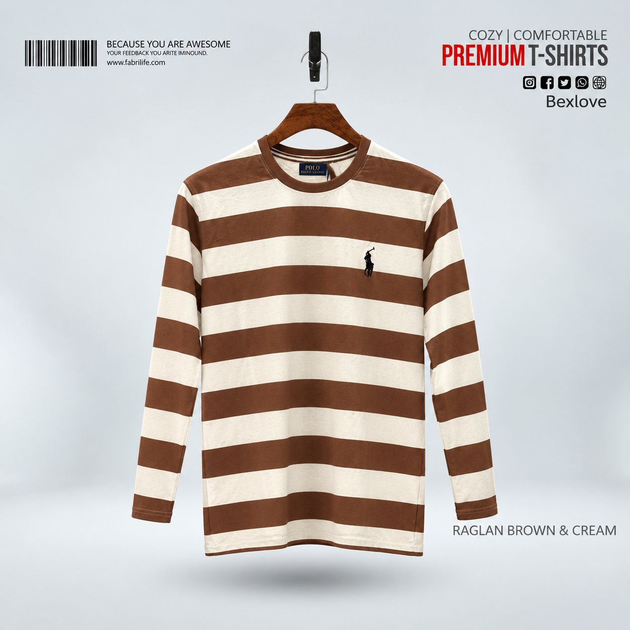Bexlove Men's Premium Full Sleeve Striped T-Shirt - Brown & Cream