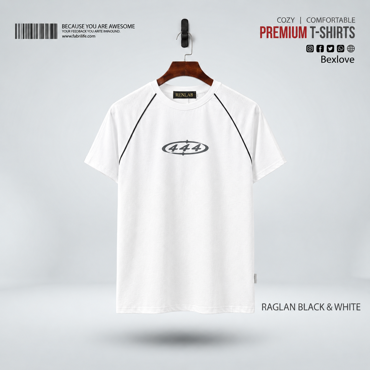 Men's Premium Raglan White & Black Piping Cotton T-Shirt